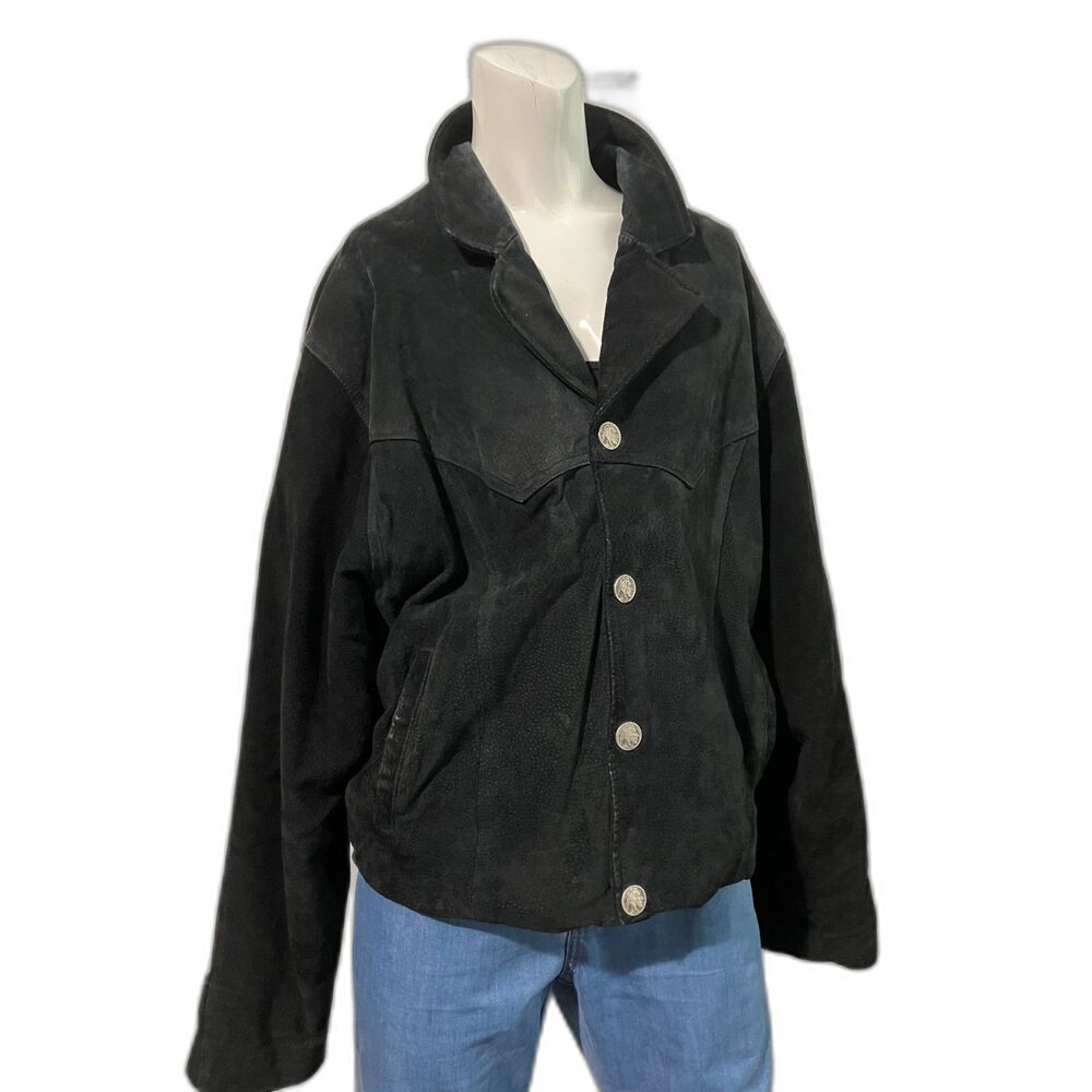 Leather by Wilsons Suede Vintage 70'S Black Jacket Buffalo Nickel Style Buttons